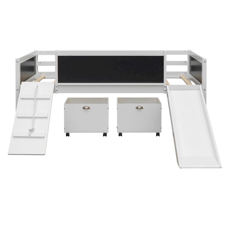 Letto a soppalco singolo con struttura per arrampicata, scivolo, lavagna fronte-retro e 2 contenitori, legno di pino