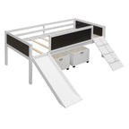 Letto a soppalco singolo con struttura per arrampicata, scivolo, lavagna fronte-retro e 2 contenitori, legno di pino