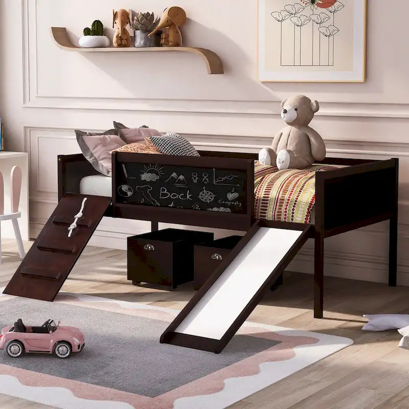 Letto a soppalco singolo con struttura per arrampicata, scivolo, lavagna fronte-retro e 2 contenitori, legno di pino