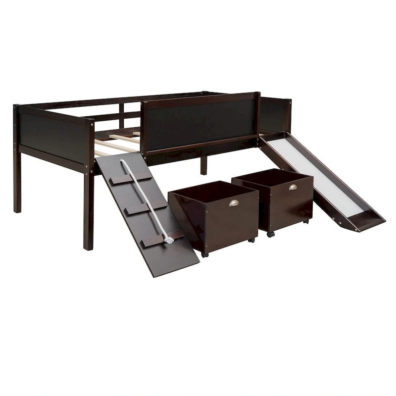 Letto a soppalco singolo con struttura per arrampicata, scivolo, lavagna fronte-retro e 2 contenitori, legno di pino