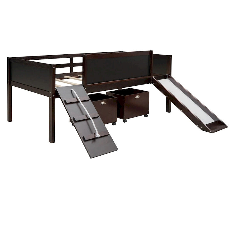 Letto a soppalco singolo con struttura per arrampicata, scivolo, lavagna fronte-retro e 2 contenitori, legno di pino