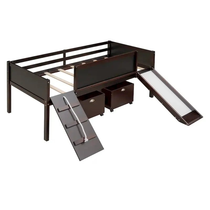 Letto a soppalco singolo con struttura per arrampicata, scivolo, lavagna fronte-retro e 2 contenitori, legno di pino