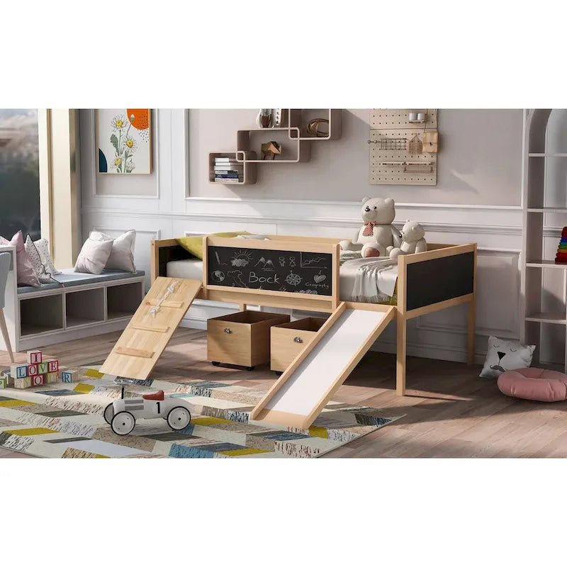 Letto a soppalco singolo con struttura per arrampicata, scivolo, lavagna fronte-retro e 2 contenitori, legno di pino