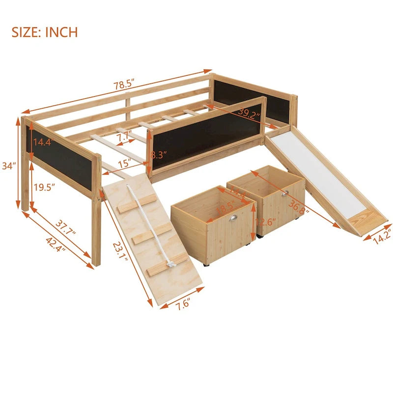 Letto a soppalco singolo con struttura per arrampicata, scivolo, lavagna fronte-retro e 2 contenitori, legno di pino