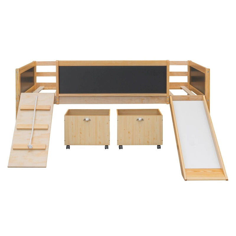 Letto a soppalco singolo con struttura per arrampicata, scivolo, lavagna fronte-retro e 2 contenitori, legno di pino