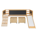 Letto a soppalco singolo con struttura per arrampicata, scivolo, lavagna fronte-retro e 2 contenitori, legno di pino