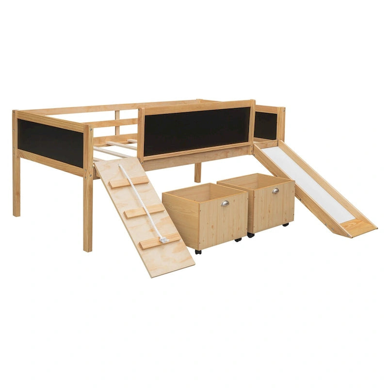 Letto a soppalco singolo con struttura per arrampicata, scivolo, lavagna fronte-retro e 2 contenitori, legno di pino