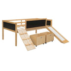 Letto a soppalco singolo con struttura per arrampicata, scivolo, lavagna fronte-retro e 2 contenitori, legno di pino