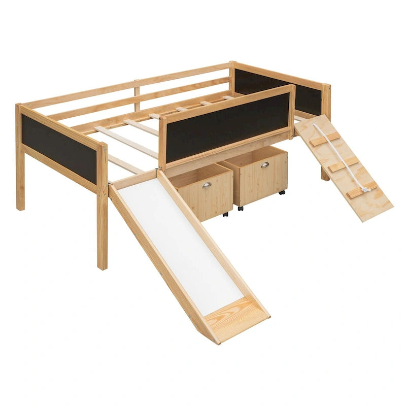 Letto a soppalco singolo con struttura per arrampicata, scivolo, lavagna fronte-retro e 2 contenitori, legno di pino