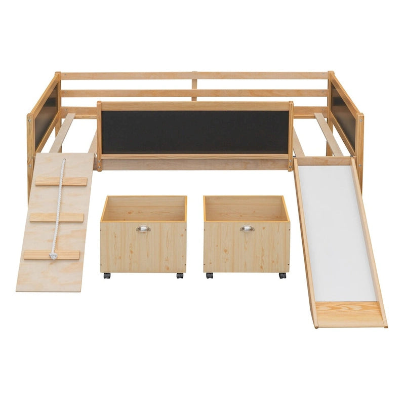 Letto a soppalco singolo con struttura per arrampicata, scivolo, lavagna fronte-retro e 2 contenitori, legno di pino