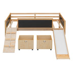Letto a soppalco singolo con struttura per arrampicata, scivolo, lavagna fronte-retro e 2 contenitori, legno di pino