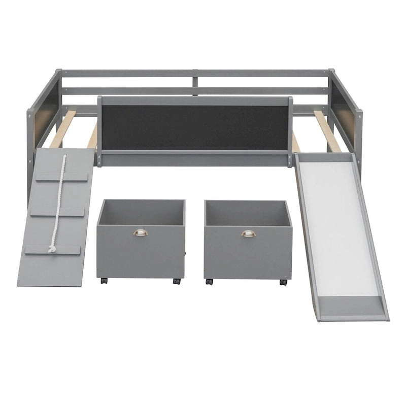Letto a soppalco singolo con struttura per arrampicata, scivolo, lavagna fronte-retro e 2 contenitori, legno di pino