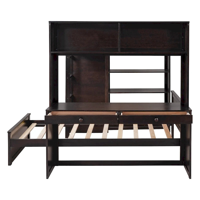 Letto a soppalco full size con letto singolo indipendente, mensole, scrivania e armadio