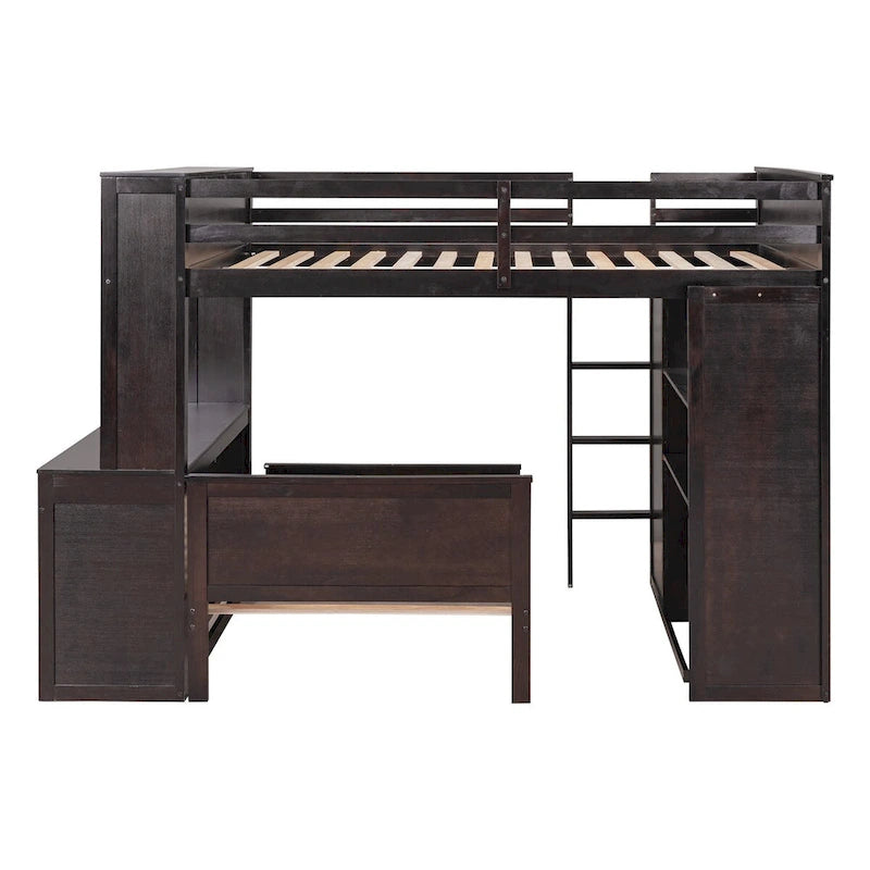 Letto a soppalco full size con letto singolo indipendente, mensole, scrivania e armadio