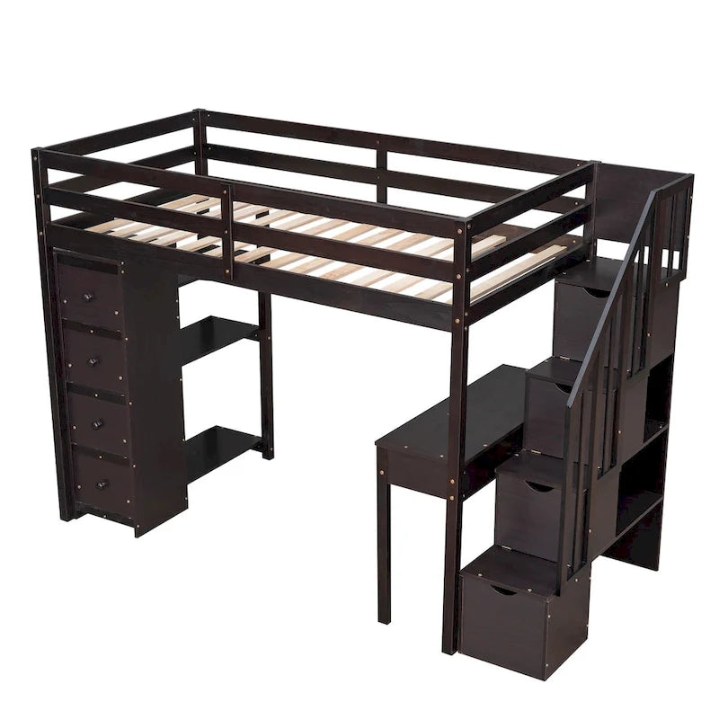Letto a soppalco singolo in legno massiccio con scrivania