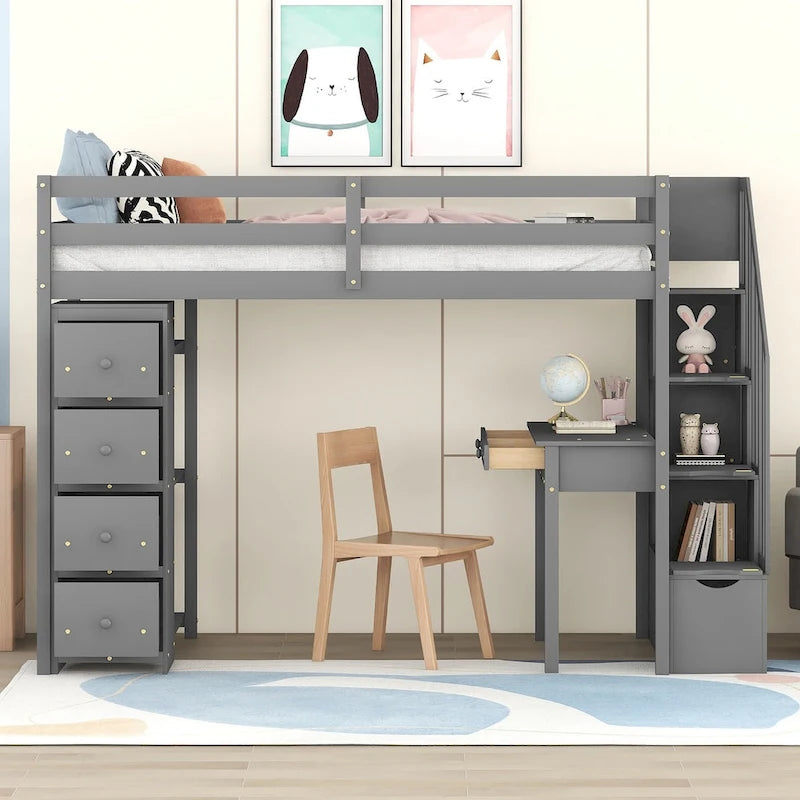 Letto a soppalco singolo in legno massiccio con scrivania