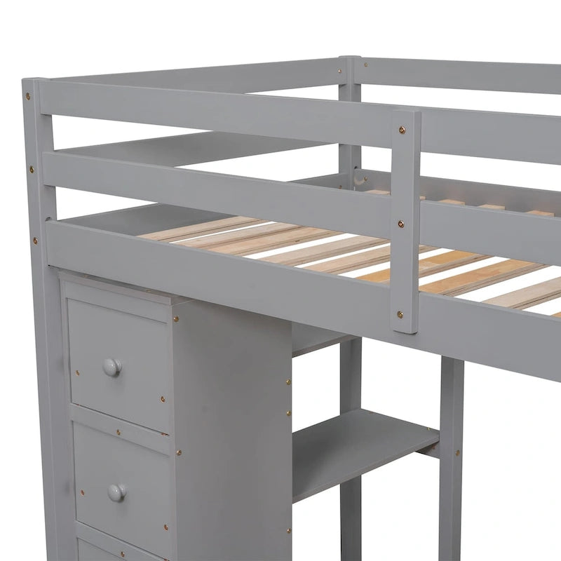 Letto a soppalco singolo in legno massiccio con scrivania