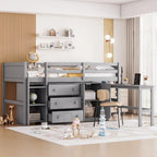 Low Loft Bed With Pull-Out Desk,Drawers,Cabinet and Shelves,Twin Size