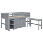 Letto a soppalco basso con scrivania estraibile, cassetti, armadietto e mensole, dimensioni standard (Twin Size)