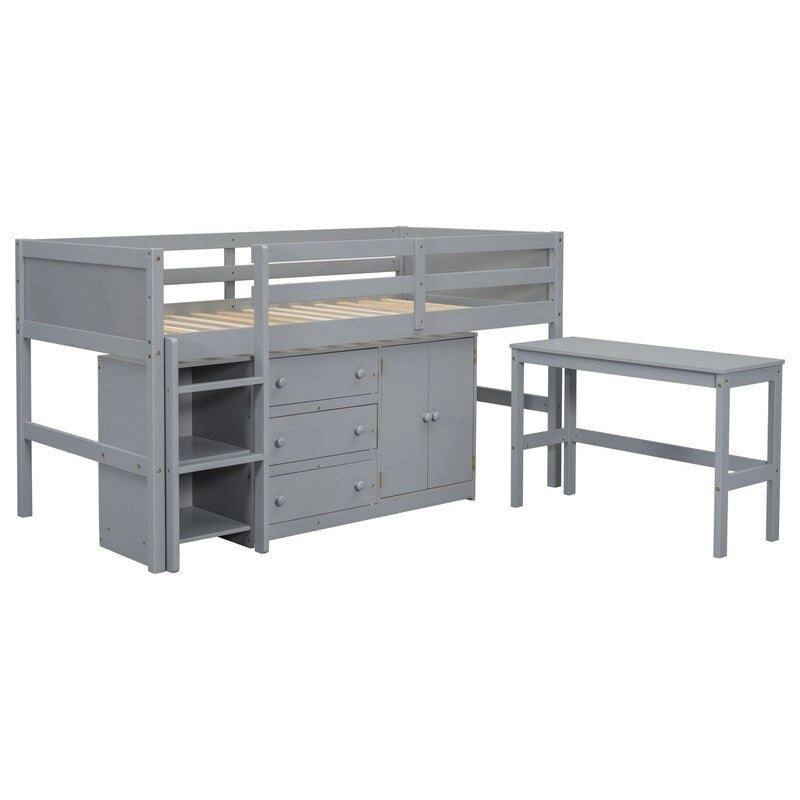 Letto a soppalco basso con scrivania estraibile, cassetti, armadietto e mensole, dimensioni standard (Twin Size)