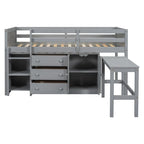Letto a soppalco basso con scrivania estraibile, cassetti, armadietto e mensole, dimensioni standard (Twin Size)