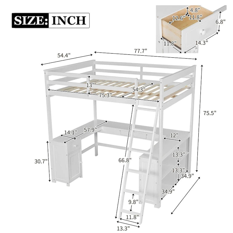 Letto a soppalco full size con scrivania a U