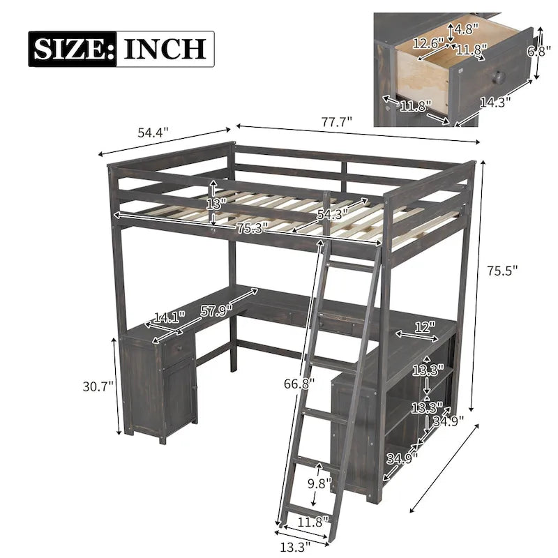 Letto a soppalco full size con scrivania a U