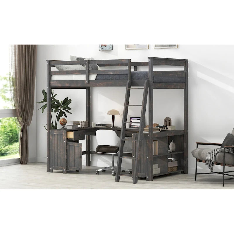 Letto a soppalco full size con scrivania a U