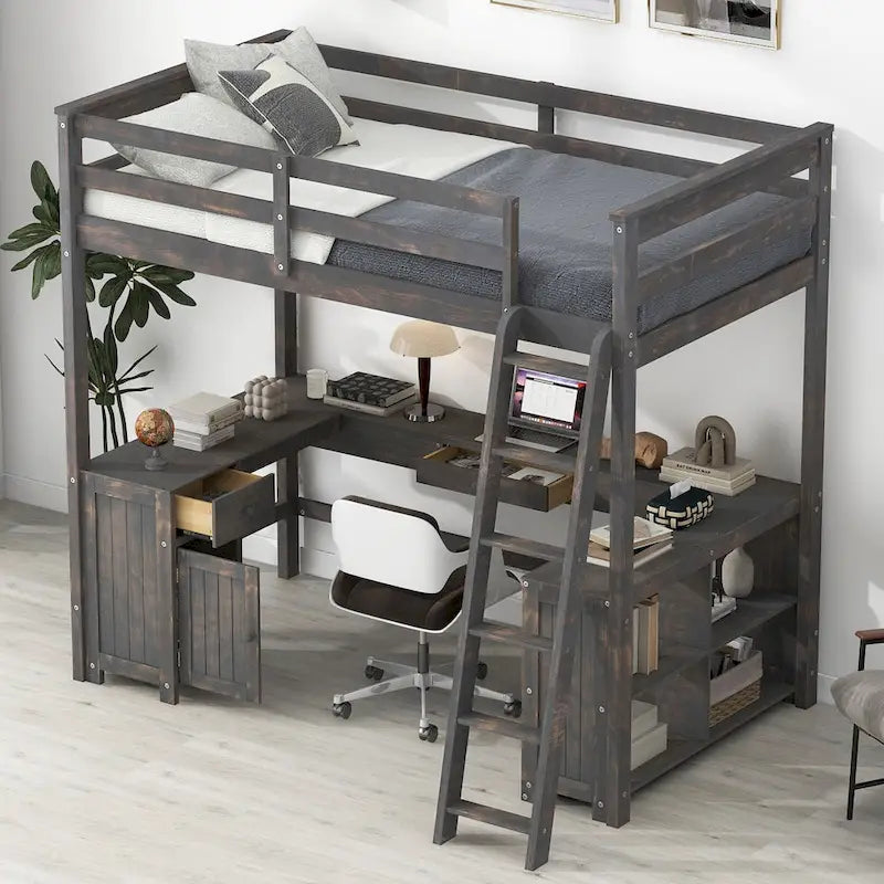 Letto a soppalco full size con scrivania a U