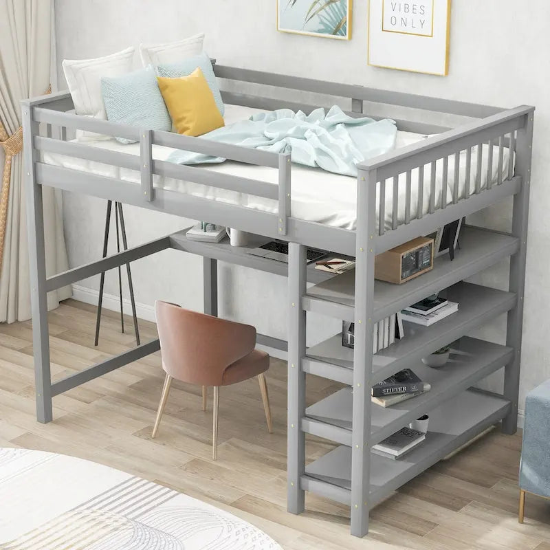 Letto a soppalco matrimoniale in legno massello con scrivania integrata, mensole e sponde anticaduta stabili
