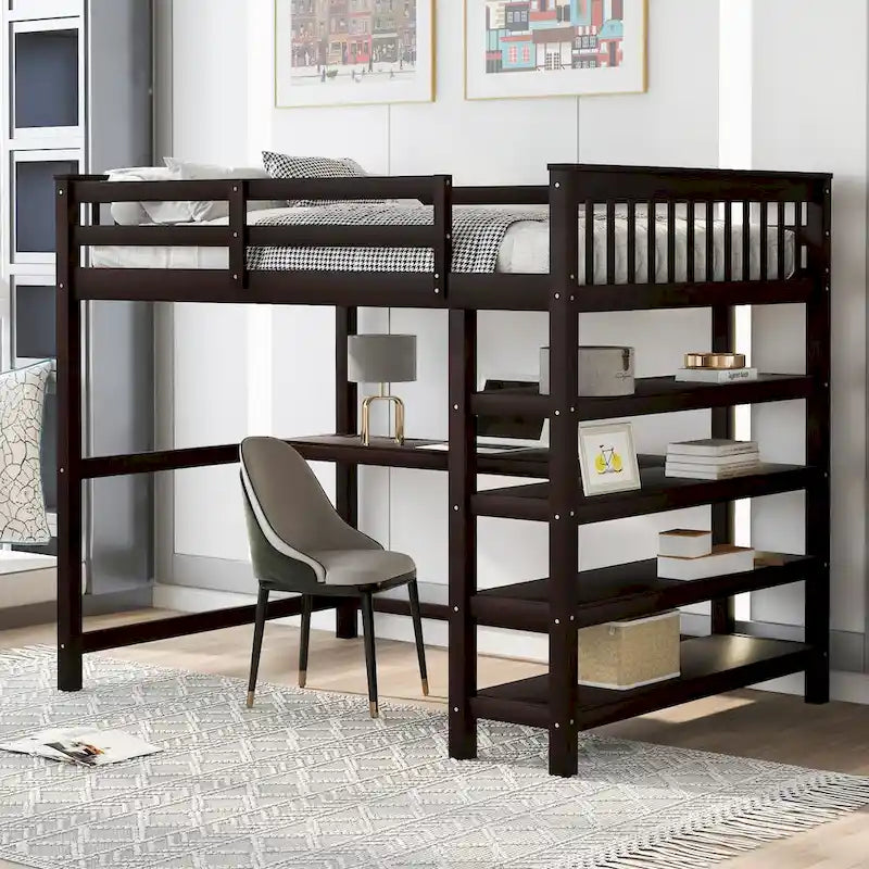 Letto a soppalco matrimoniale in legno massello con scrivania integrata, mensole e sponde anticaduta stabili