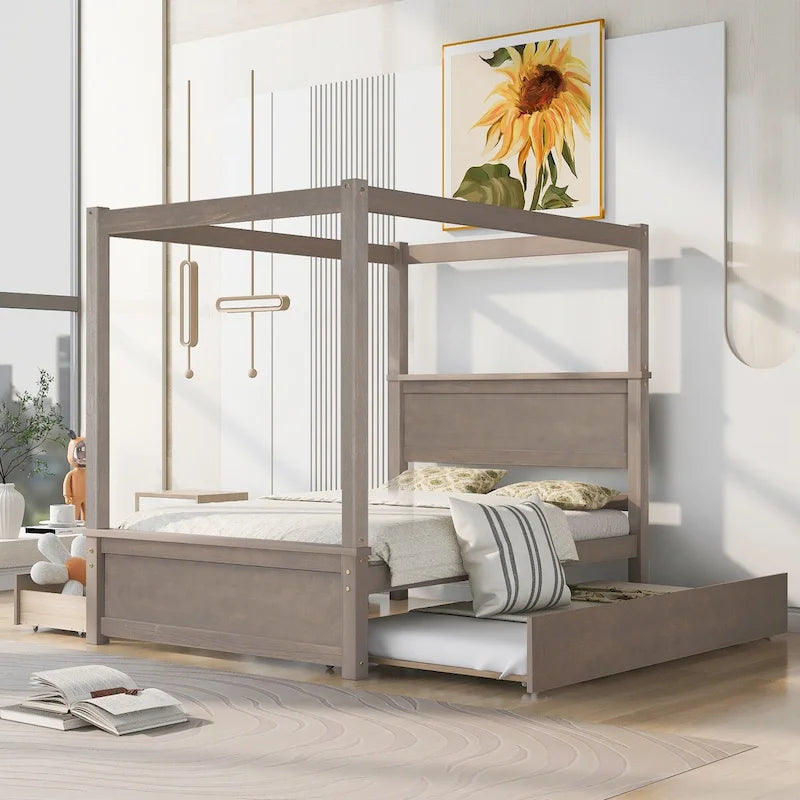 Letto a baldacchino intero in legno con letto estraibile incluso per ulteriore spazio notte