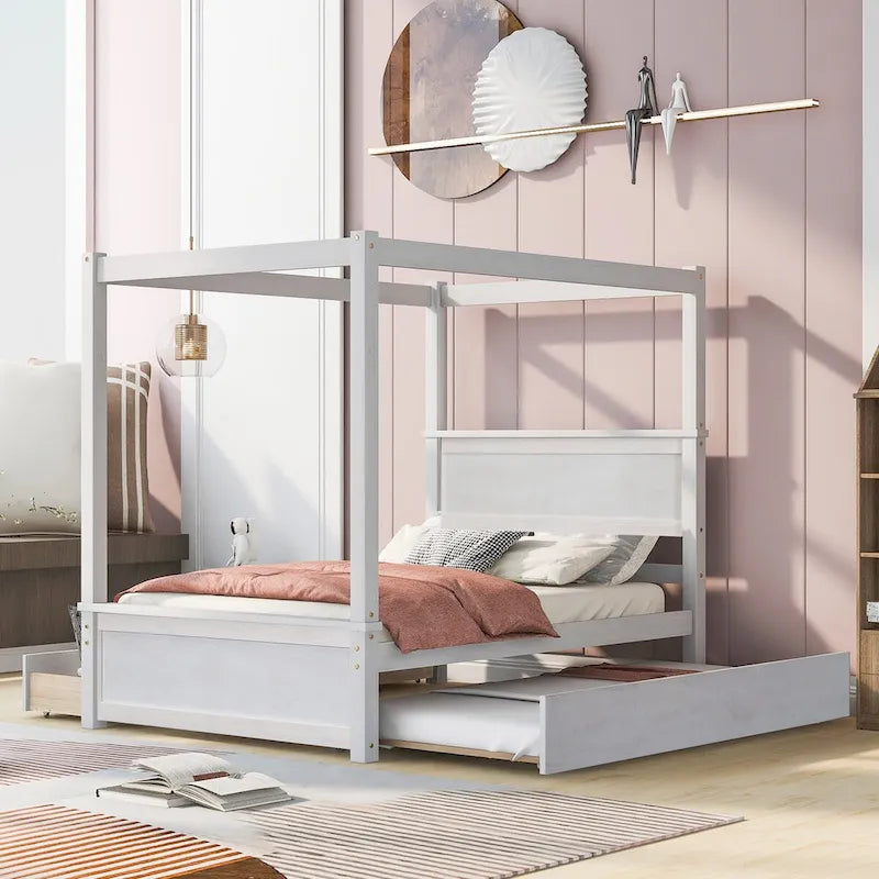 Letto a baldacchino intero in legno con letto estraibile incluso per ulteriore spazio notte