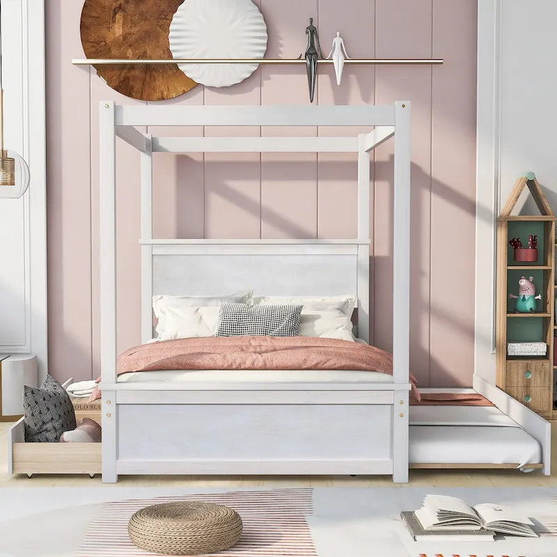 Letto a baldacchino intero in legno con letto estraibile incluso per ulteriore spazio notte