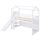 Letto a soppalco singolo in legno con scivolo e scaffali portaoggetti