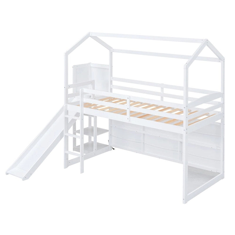 Letto a soppalco singolo in legno con scivolo e scaffali portaoggetti