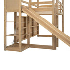 Letto a soppalco singolo in legno con scivolo e scaffali portaoggetti