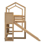 Letto a soppalco singolo in legno con scivolo e scaffali portaoggetti
