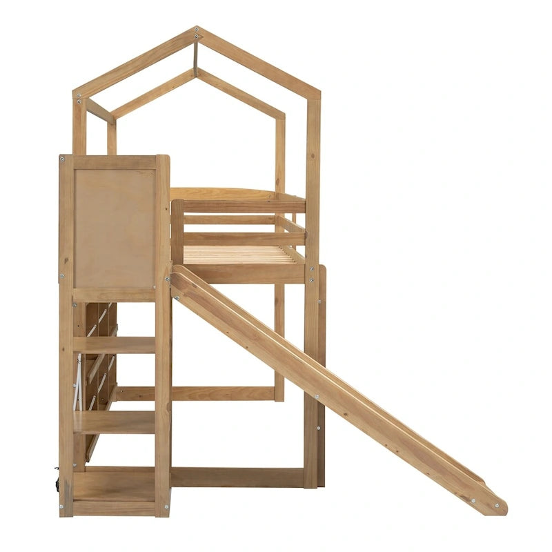 Letto a soppalco singolo in legno con scivolo e scaffali portaoggetti