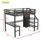 Letto a soppalco full size in metallo nero con scrivania, armadio, USB e luci LED