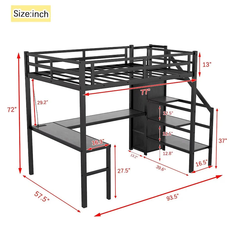 Letto a soppalco full size in metallo nero con scrivania, armadio, USB e luci LED