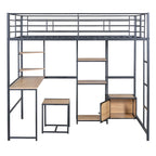 Letto a soppalco full size con scrivania e sgabello integrati, struttura in metallo, camera da letto per ragazzi