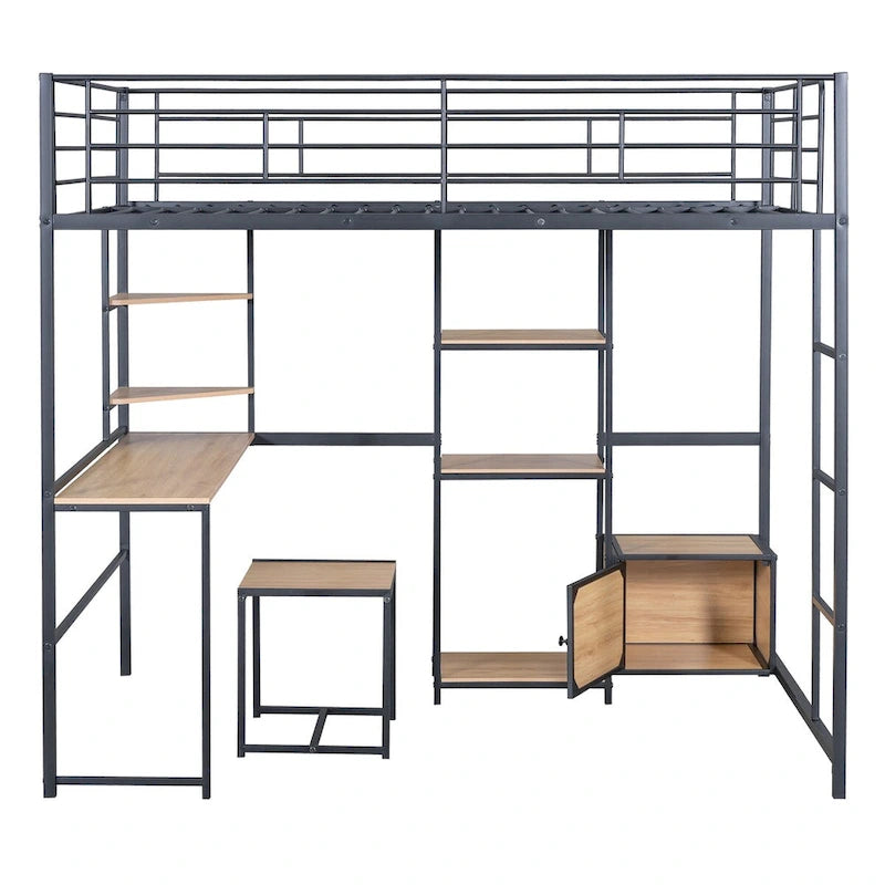 Letto a soppalco full size con scrivania e sgabello integrati, struttura in metallo, camera da letto per ragazzi