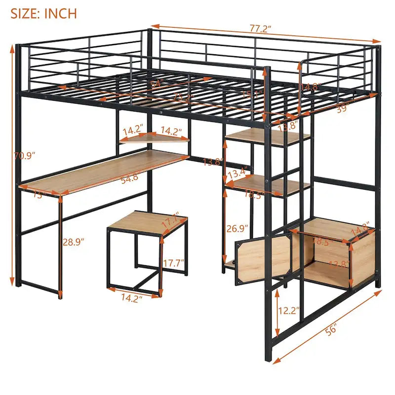 Letto a soppalco full size con scrivania e sgabello integrati, struttura in metallo, camera da letto per ragazzi