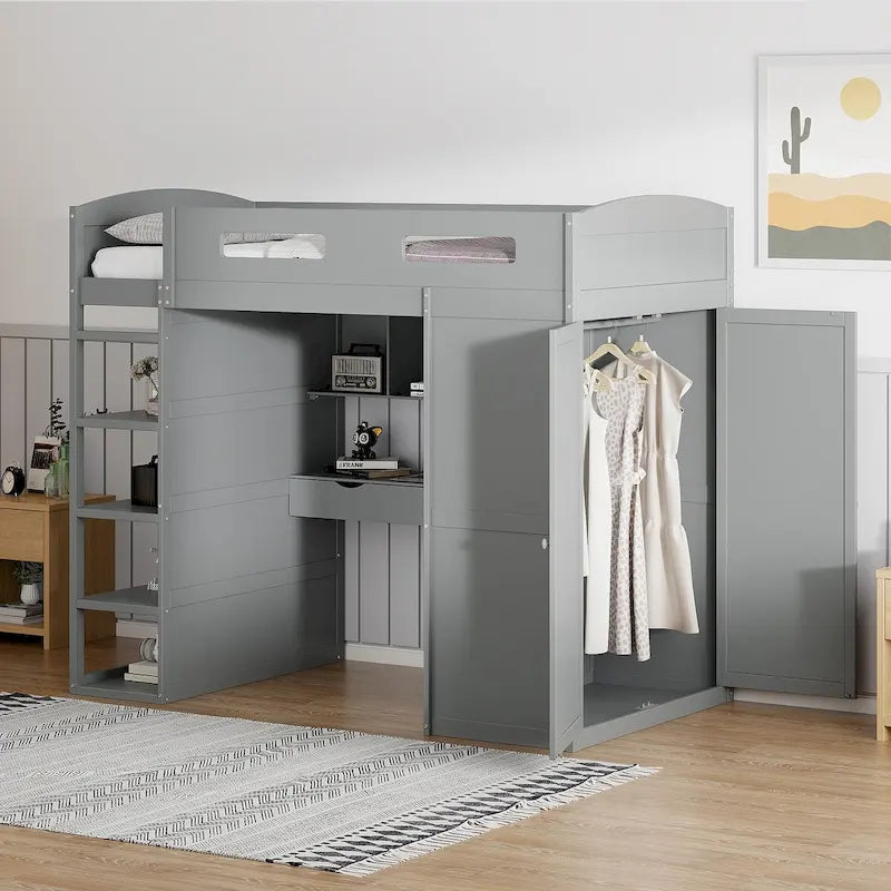 Loft Bed with Desk, Wardrobe, 4 Drawers and 4 Shelves, Full Size, Multi-Storage