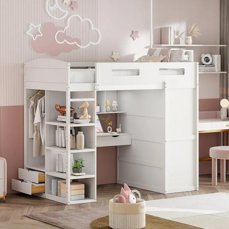 Loft Bed with Desk, Wardrobe, 4 Drawers and 4 Shelves, Full Size, Multi-Storage