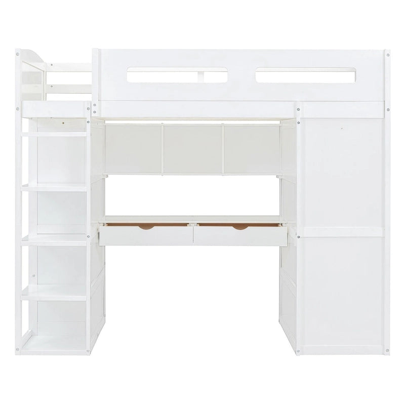 Loft Bed with Desk, Wardrobe, 4 Drawers and 4 Shelves, Full Size, Multi-Storage