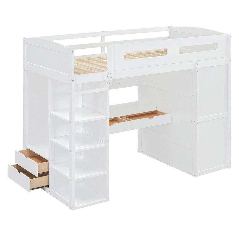 Loft Bed with Desk, Wardrobe, 4 Drawers and 4 Shelves, Full Size, Multi-Storage