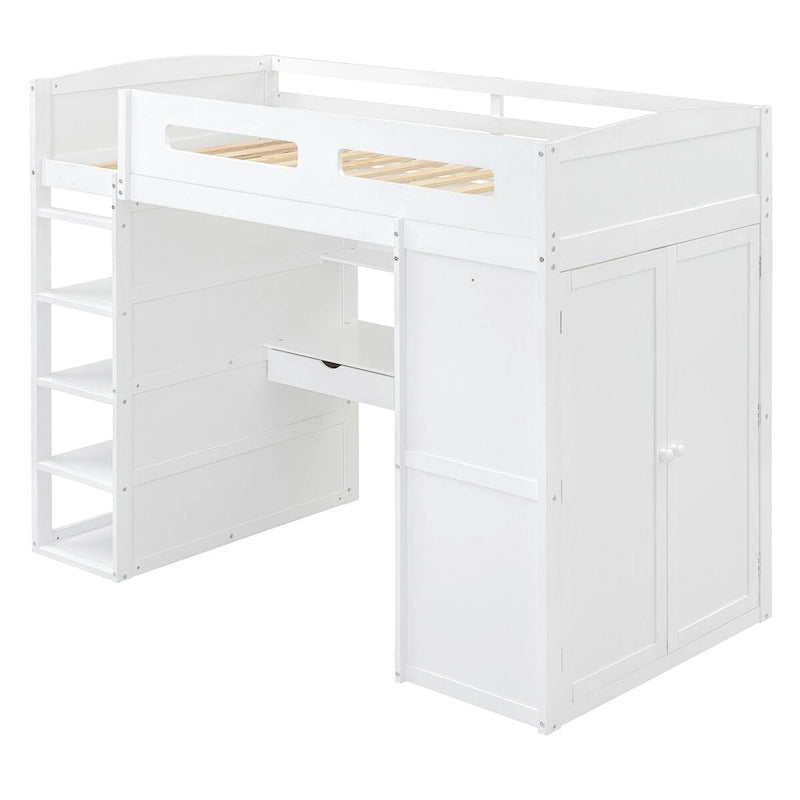 Loft Bed with Desk, Wardrobe, 4 Drawers and 4 Shelves, Full Size, Multi-Storage