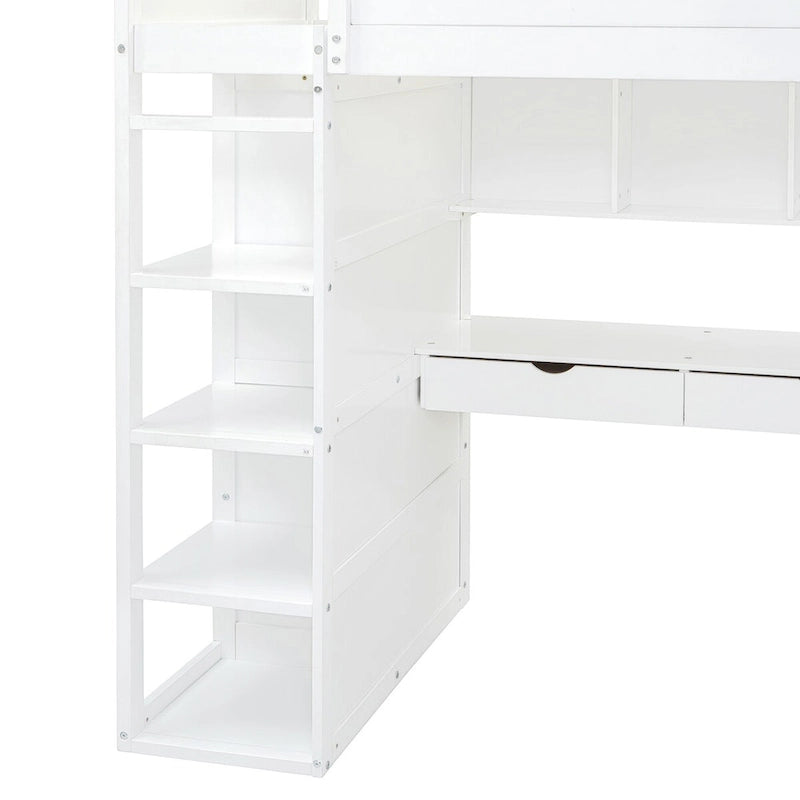 Letto a soppalco con scrivania, armadio, 4 cassetti e 4 ripiani, piazza e mezzo, multi-contenitore